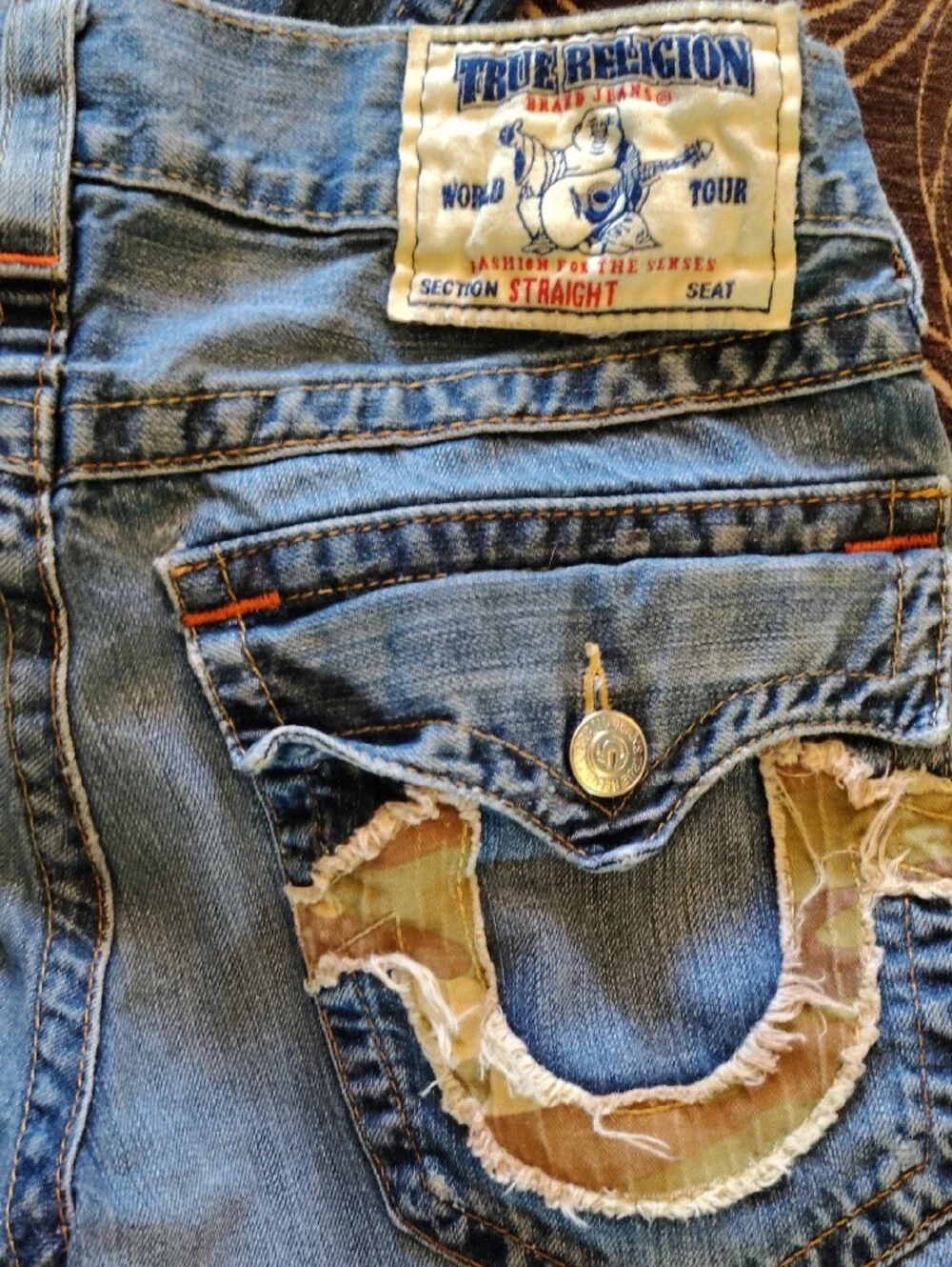 Chief Keef True Religion Camo Pocket Patches Distressed Light Blue Strip Jeans